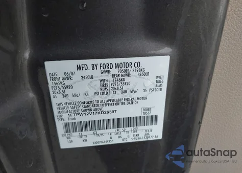 2007 Ford F-150 Lariat/Xlt из США, поврежденный, VIN 1FTPW12V17KD26397